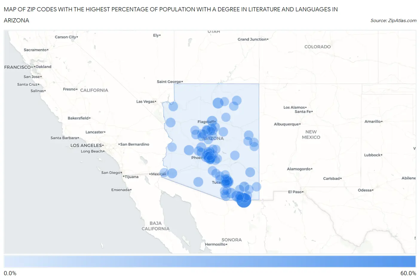 Zip Codes with the Highest Percentage of Population with a Degree in Literature and Languages in Arizona Map