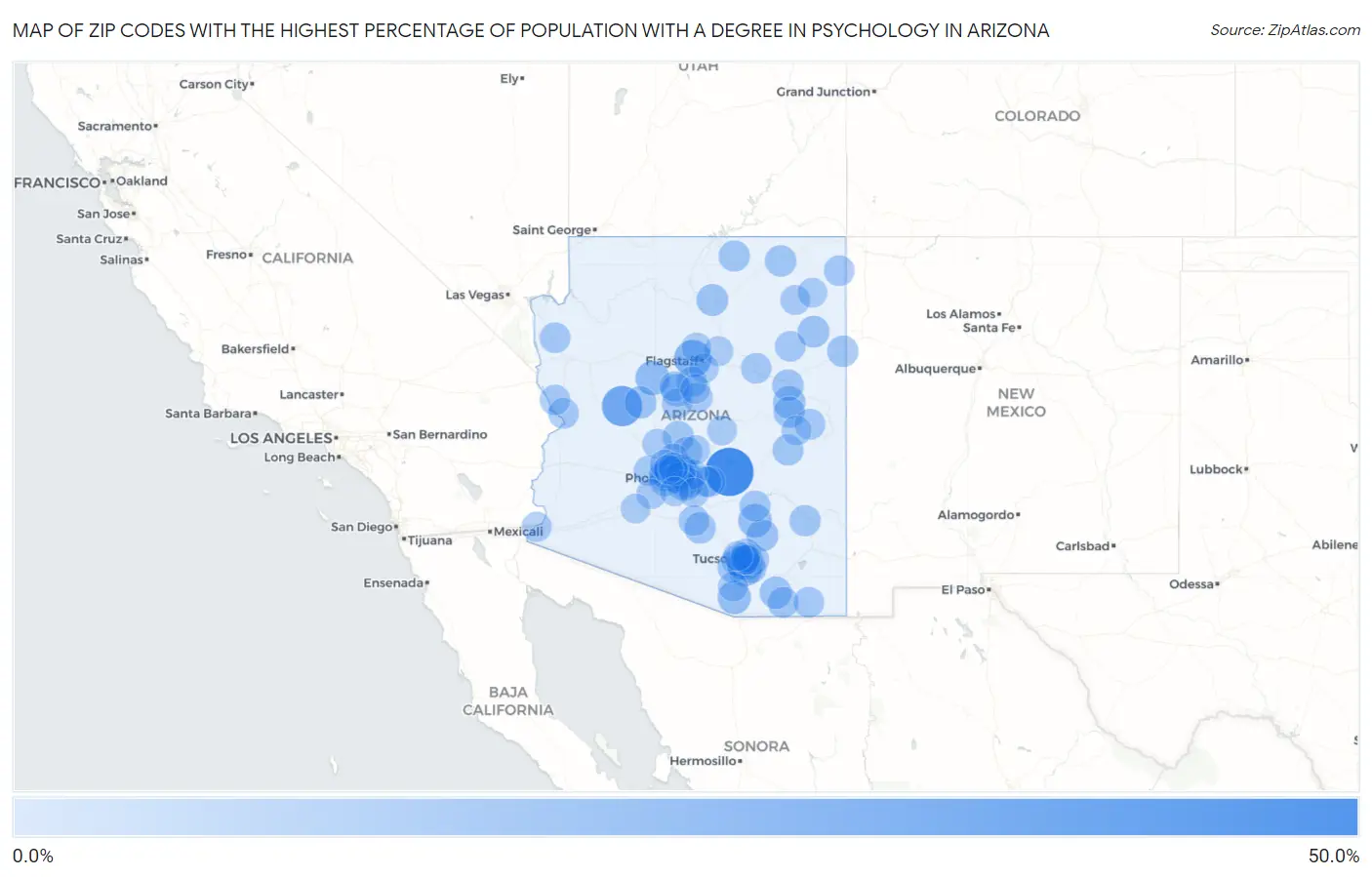 Zip Codes with the Highest Percentage of Population with a Degree in Psychology in Arizona Map