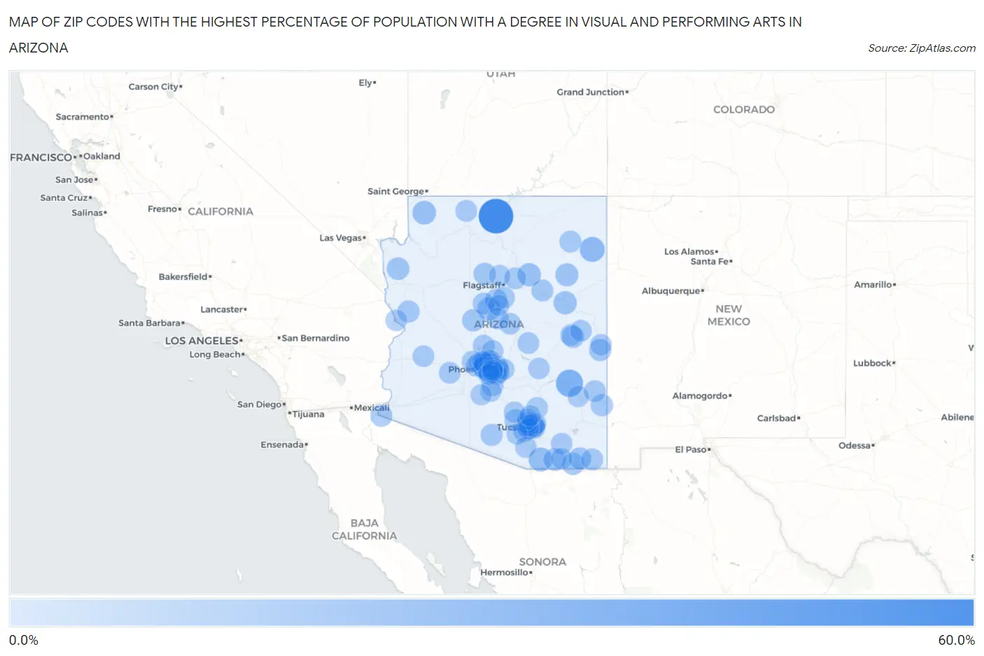 Zip Codes with the Highest Percentage of Population with a Degree in Visual and Performing Arts in Arizona Map