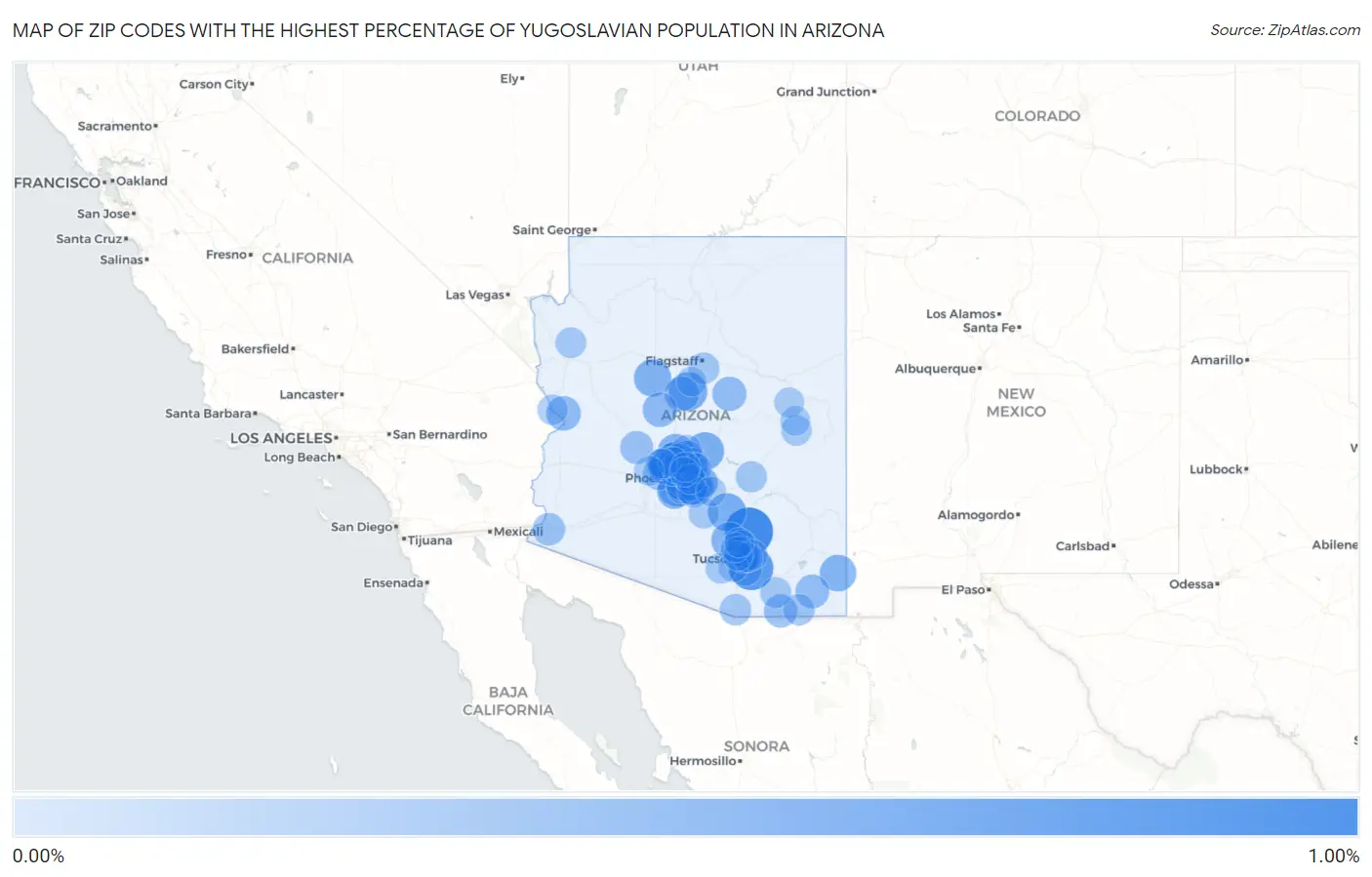 Zip Codes with the Highest Percentage of Yugoslavian Population in Arizona Map