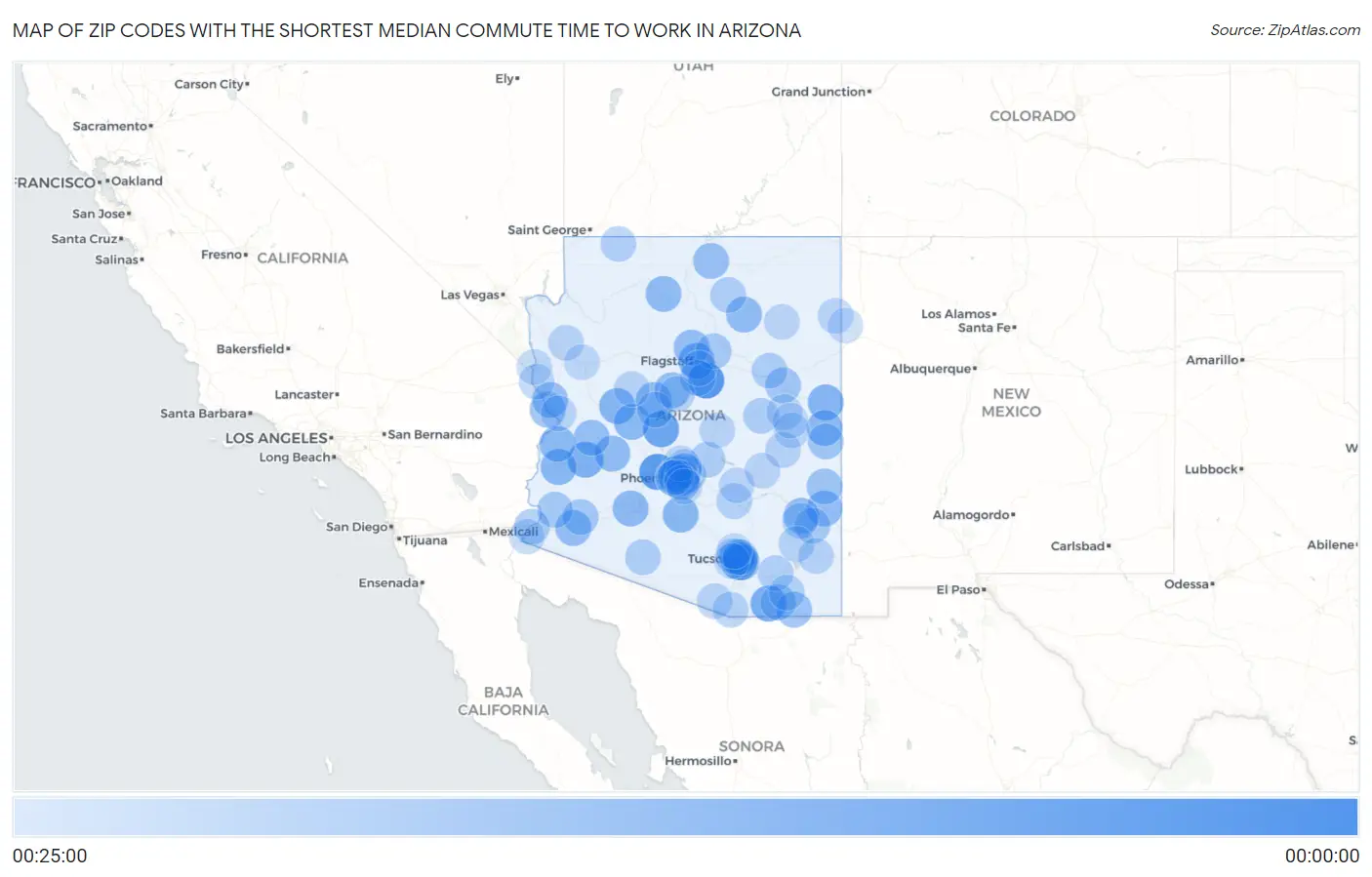 Zip Codes with the Shortest Median Commute Time to Work in Arizona Map