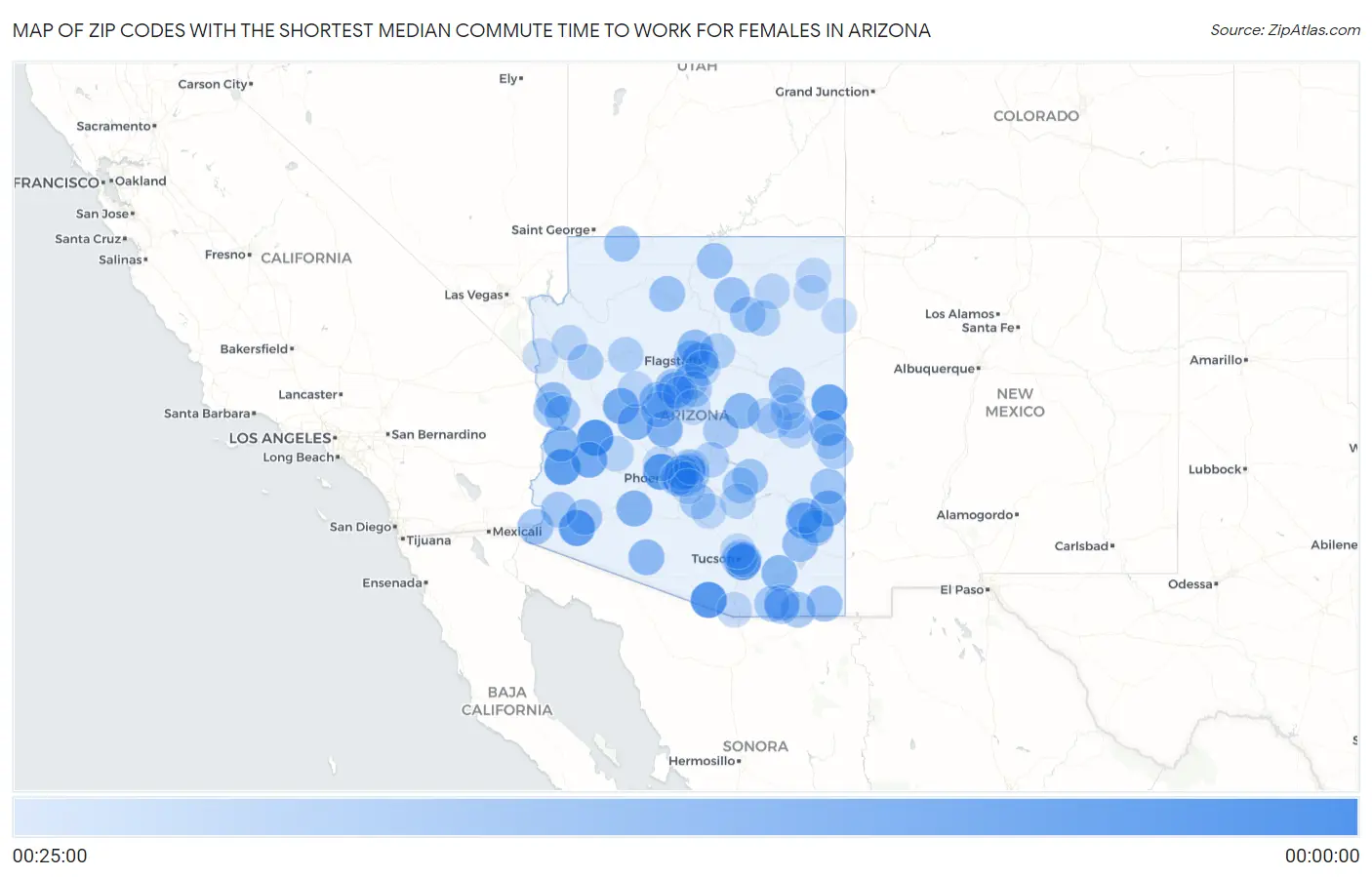 Zip Codes with the Shortest Median Commute Time to Work for Females in Arizona Map