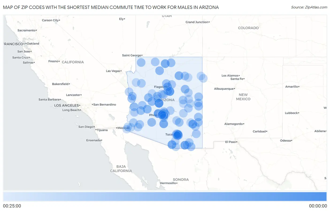 Zip Codes with the Shortest Median Commute Time to Work for Males in Arizona Map