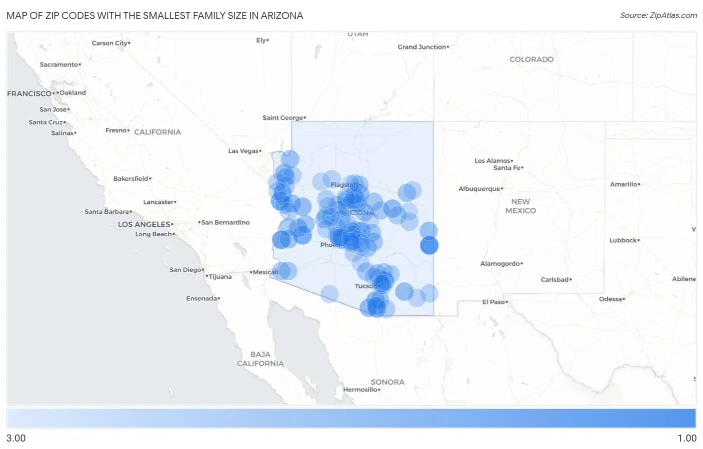 Zip Codes with the Smallest Family Size in Arizona Map