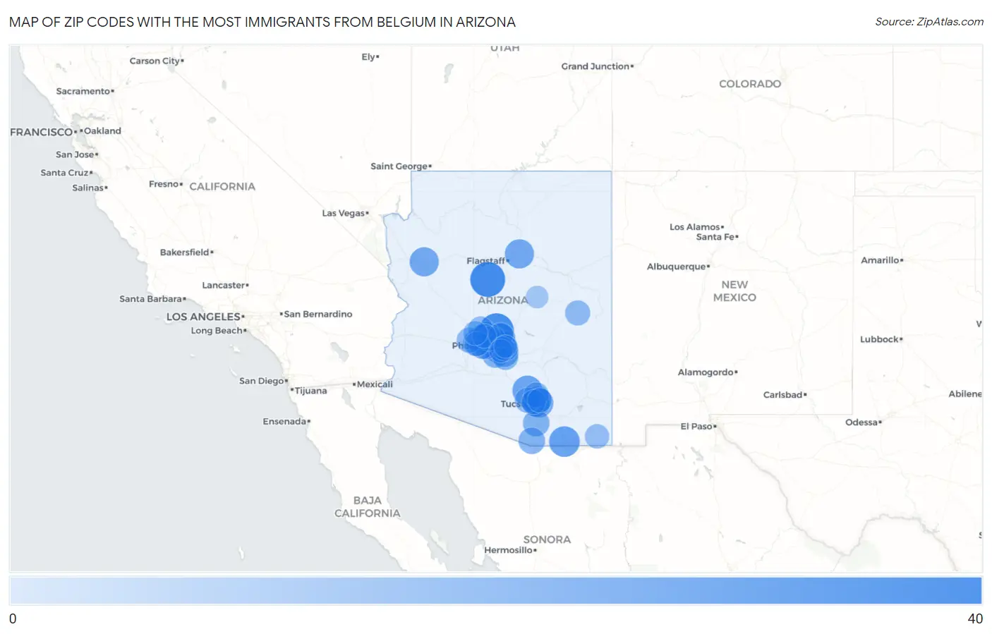 Zip Codes with the Most Immigrants from Belgium in Arizona Map
