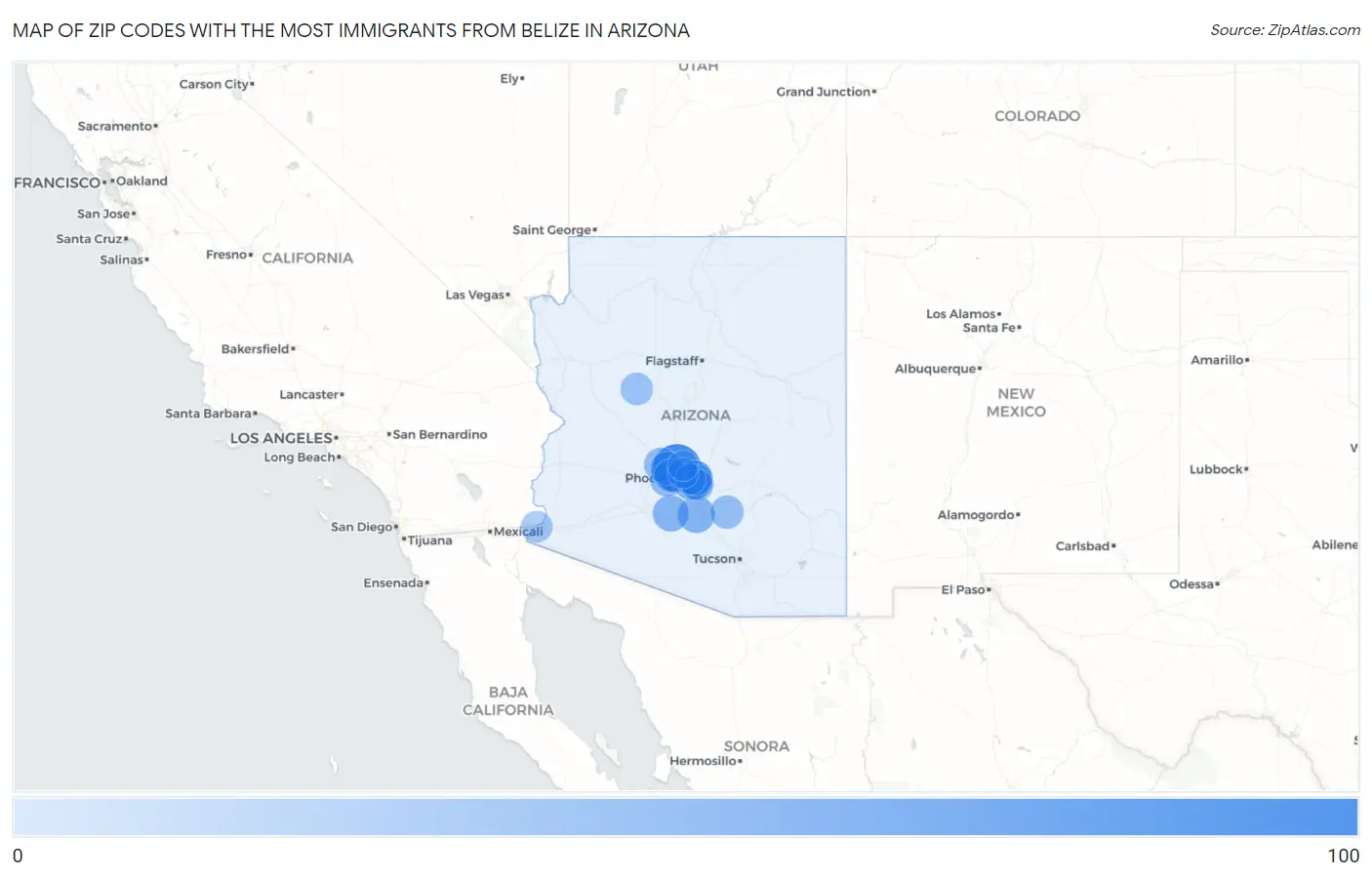 Zip Codes with the Most Immigrants from Belize in Arizona Map