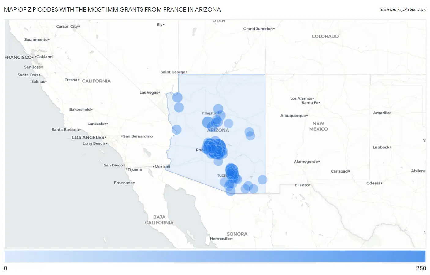 Zip Codes with the Most Immigrants from France in Arizona Map