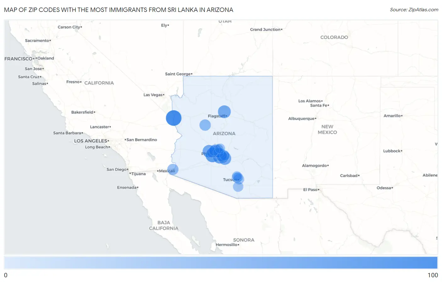Zip Codes with the Most Immigrants from Sri Lanka in Arizona Map