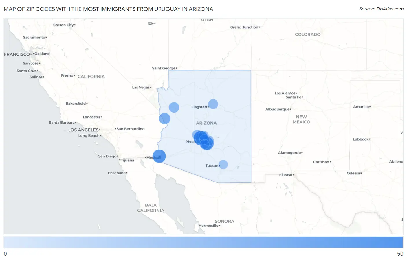 Zip Codes with the Most Immigrants from Uruguay in Arizona Map