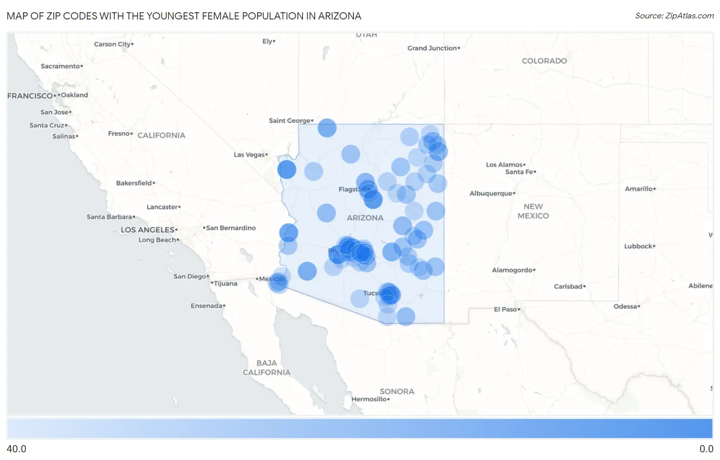Zip Codes with the Youngest Female Population in Arizona Map