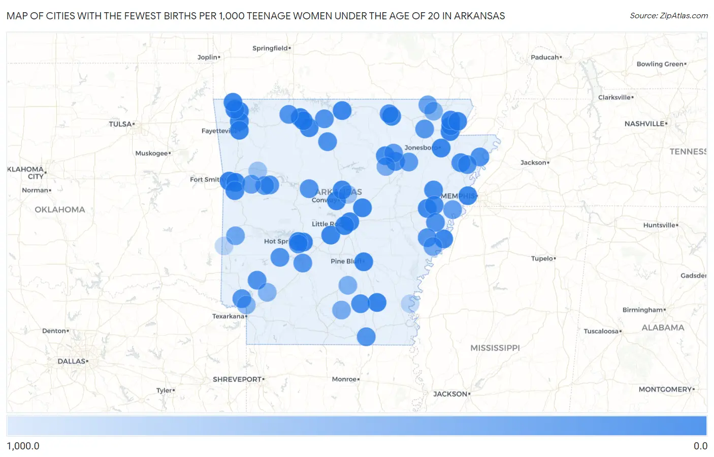 Cities with the Fewest Births per 1,000 Teenage Women Under the Age of 20 in Arkansas Map