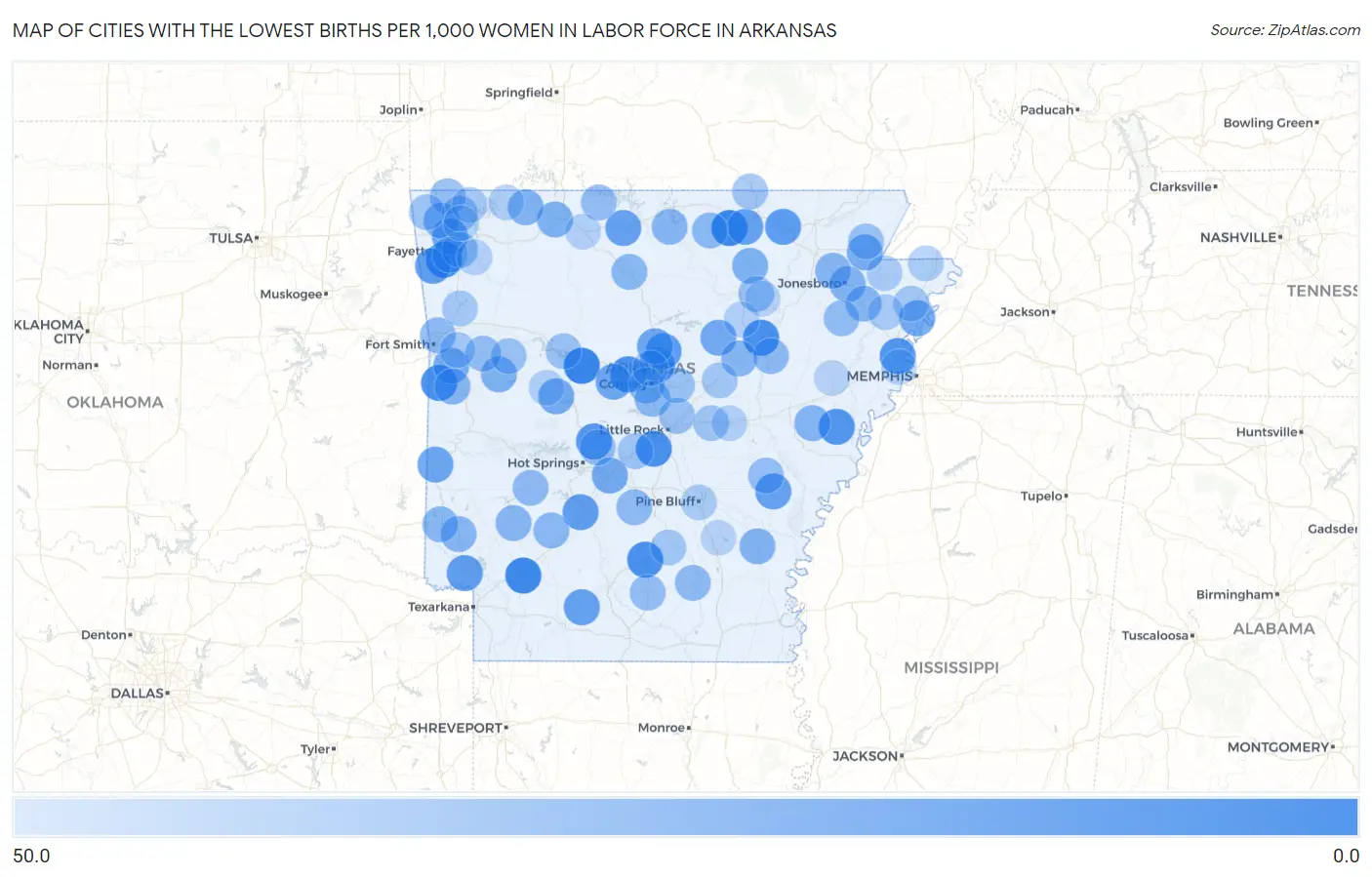 Cities with the Lowest Births per 1,000 Women in Labor Force in Arkansas Map