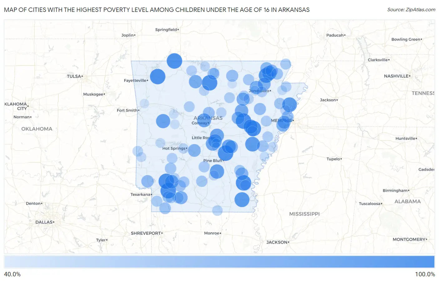 Cities with the Highest Poverty Level Among Children Under the Age of 16 in Arkansas Map