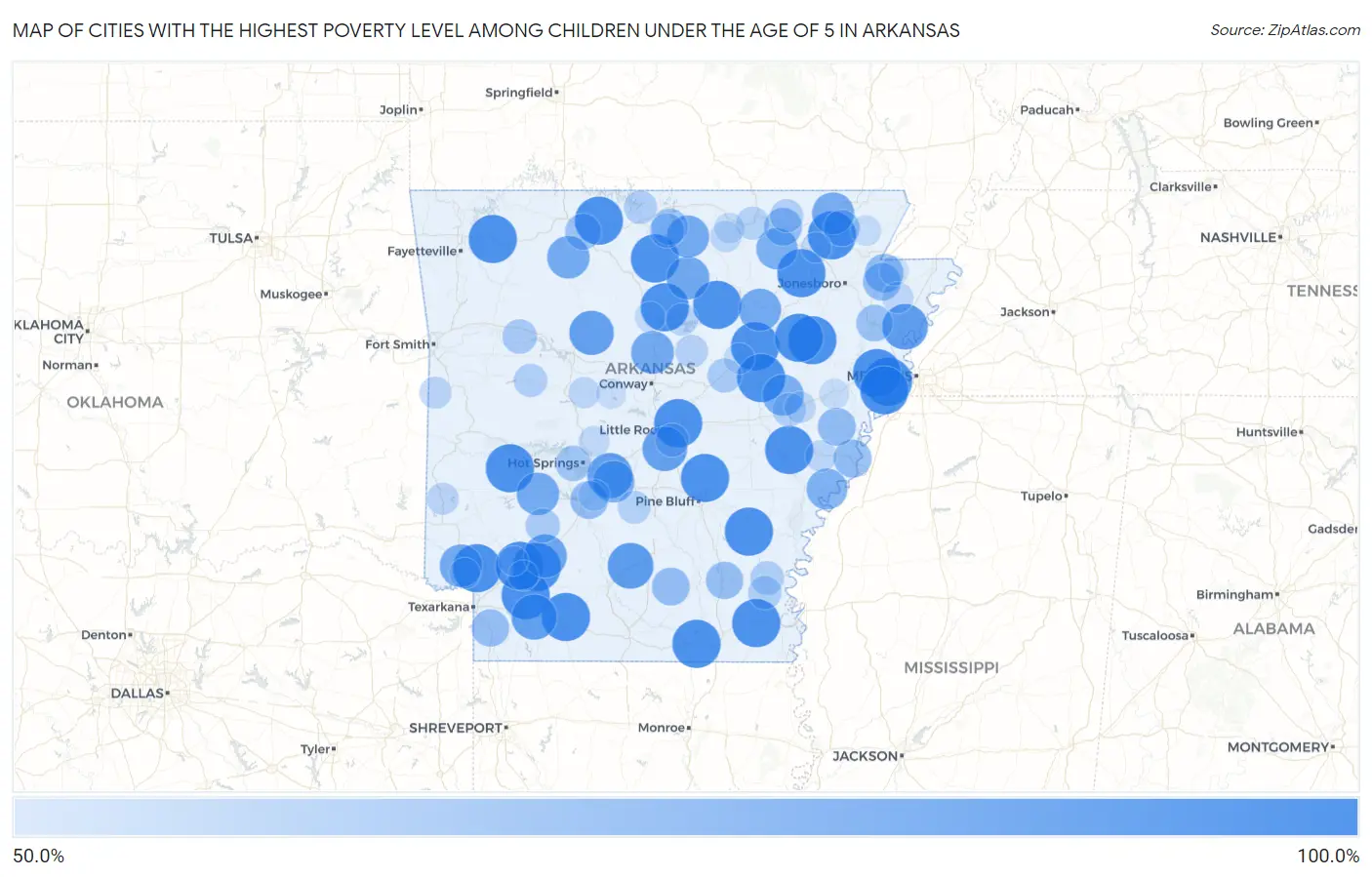 Cities with the Highest Poverty Level Among Children Under the Age of 5 in Arkansas Map