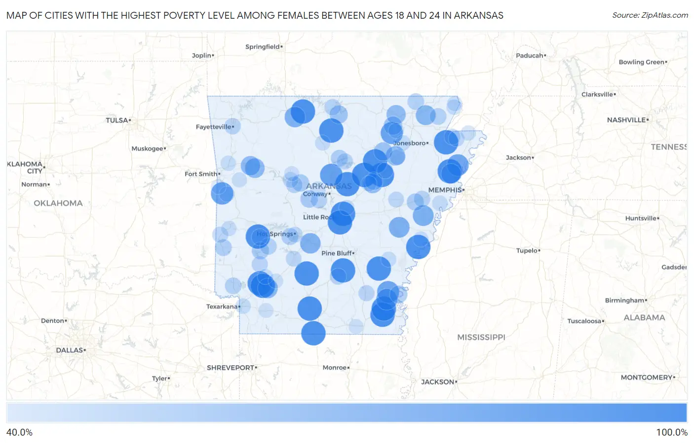 Cities with the Highest Poverty Level Among Females Between Ages 18 and 24 in Arkansas Map