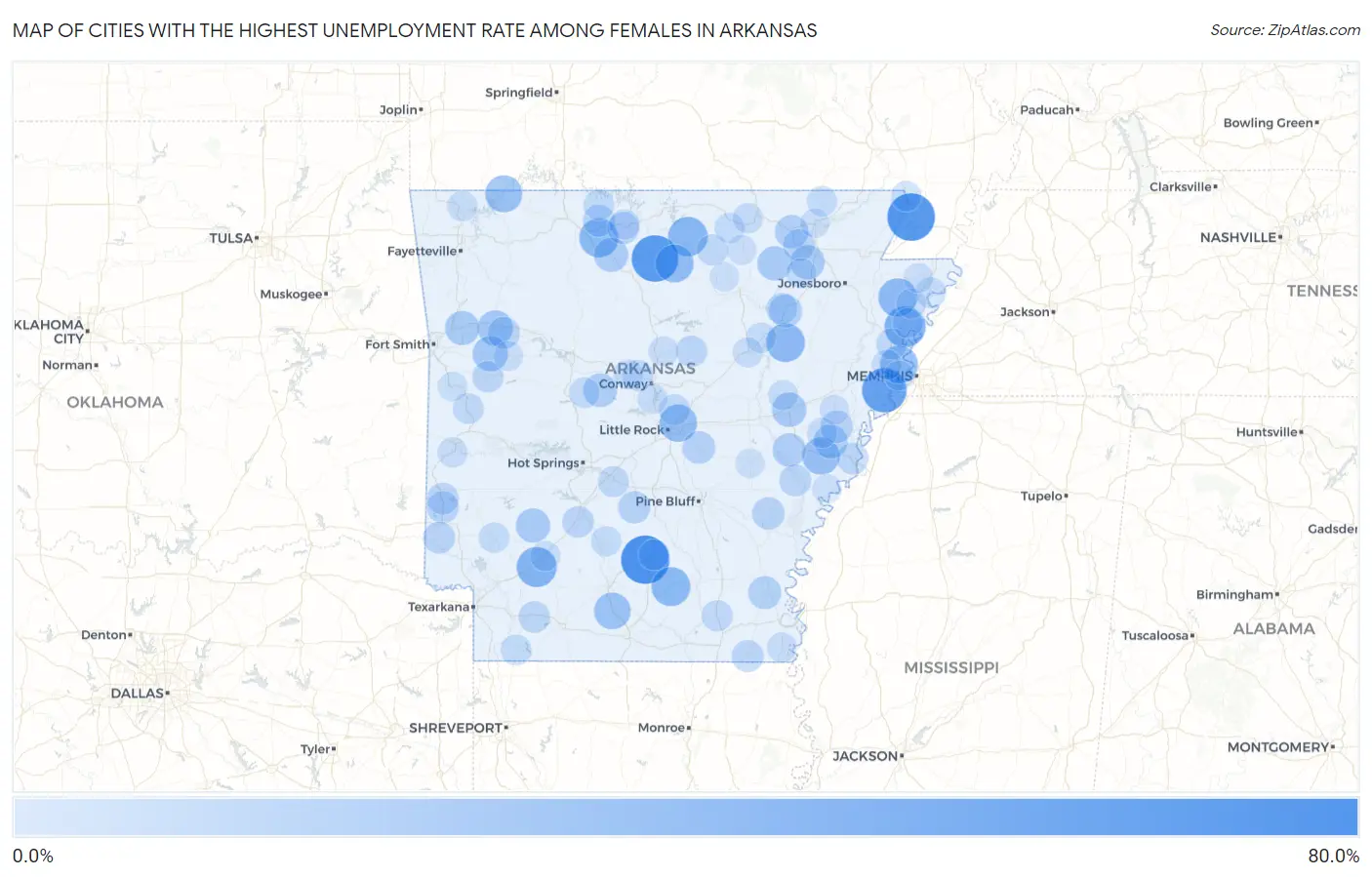 Cities with the Highest Unemployment Rate Among Females in Arkansas Map