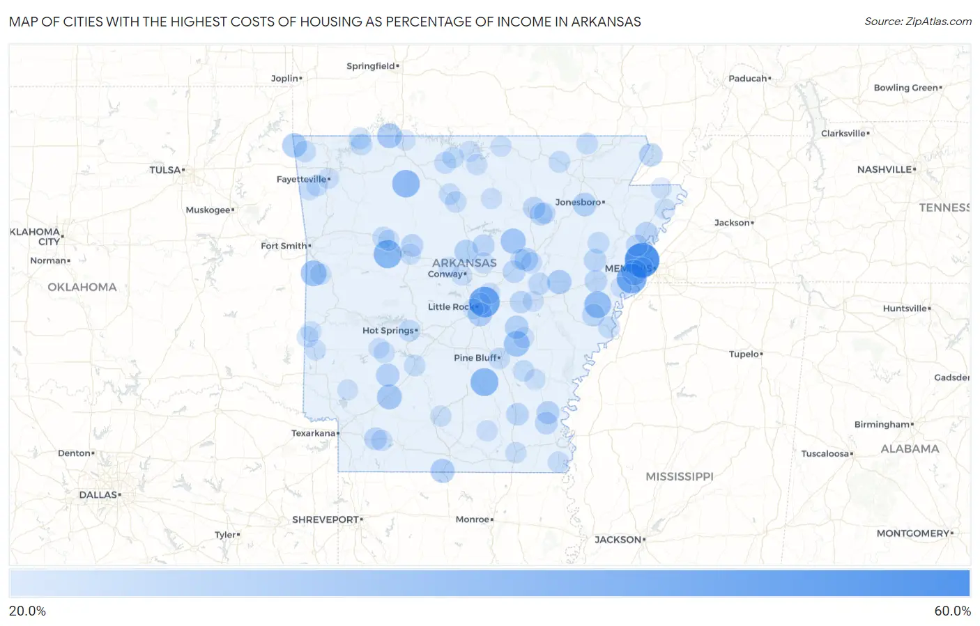 Cities with the Highest Costs of Housing as Percentage of Income in Arkansas Map