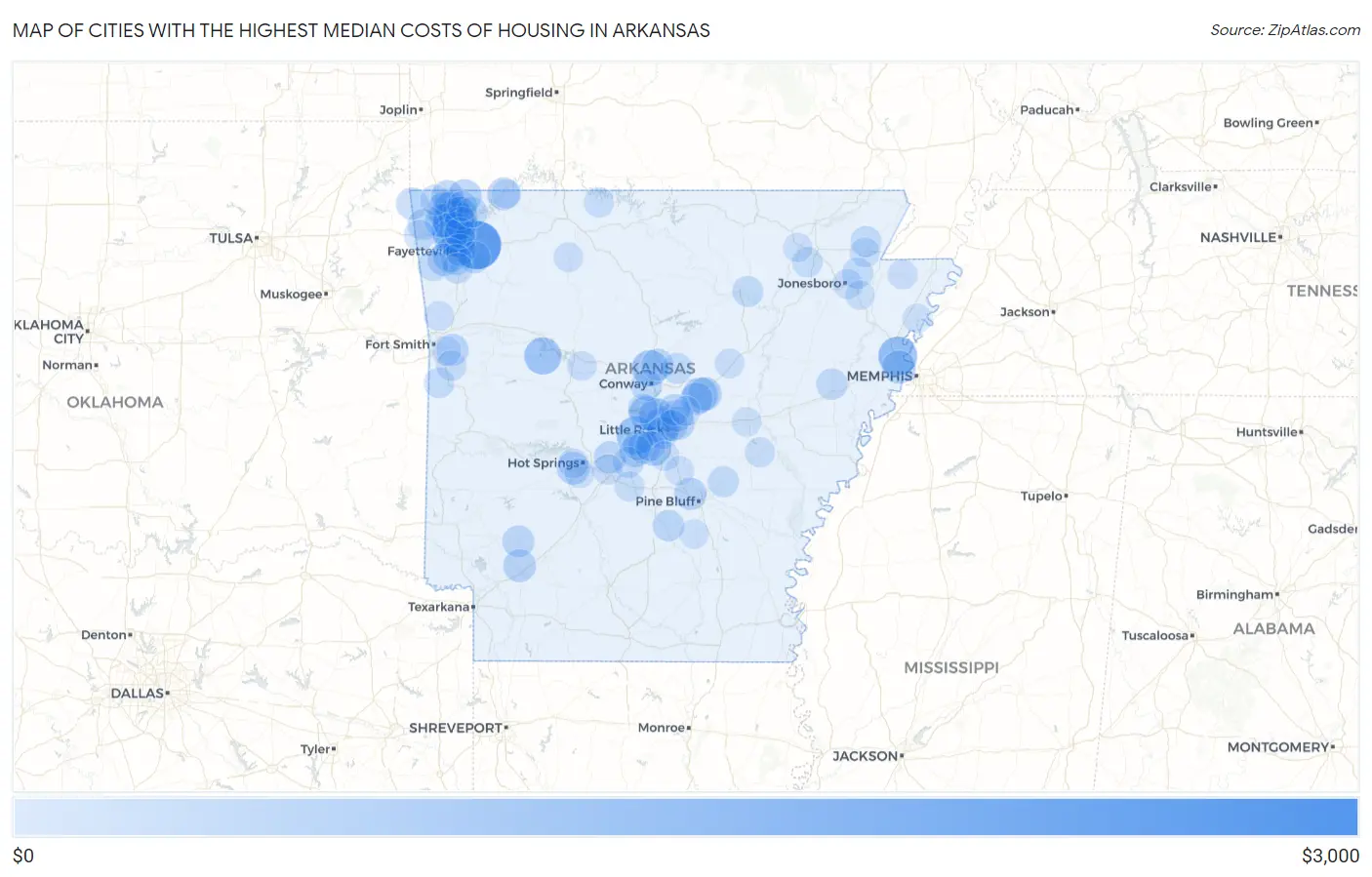 Cities with the Highest Median Costs of Housing in Arkansas Map