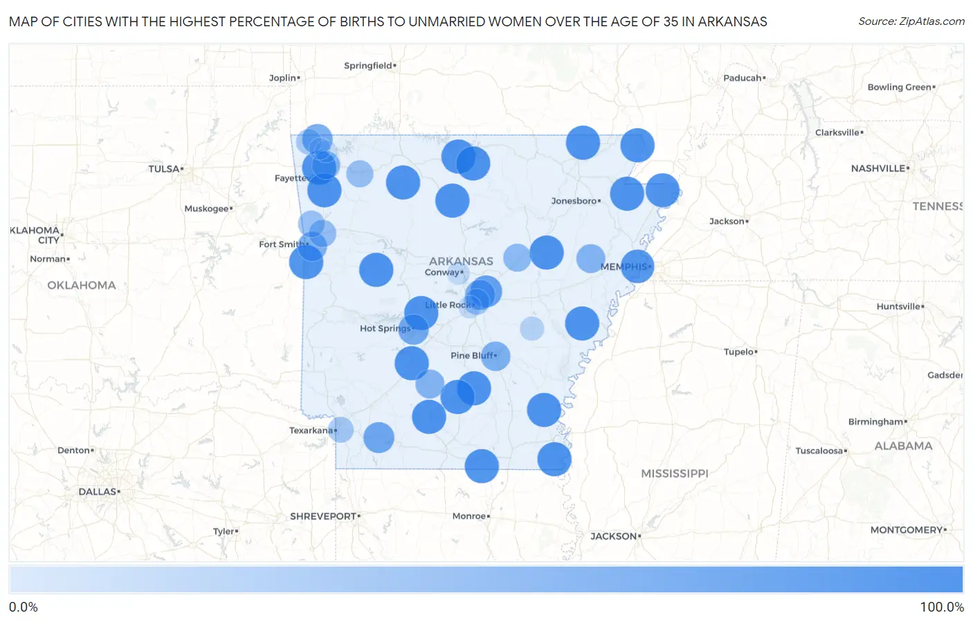 Cities with the Highest Percentage of Births to Unmarried Women over the Age of 35 in Arkansas Map