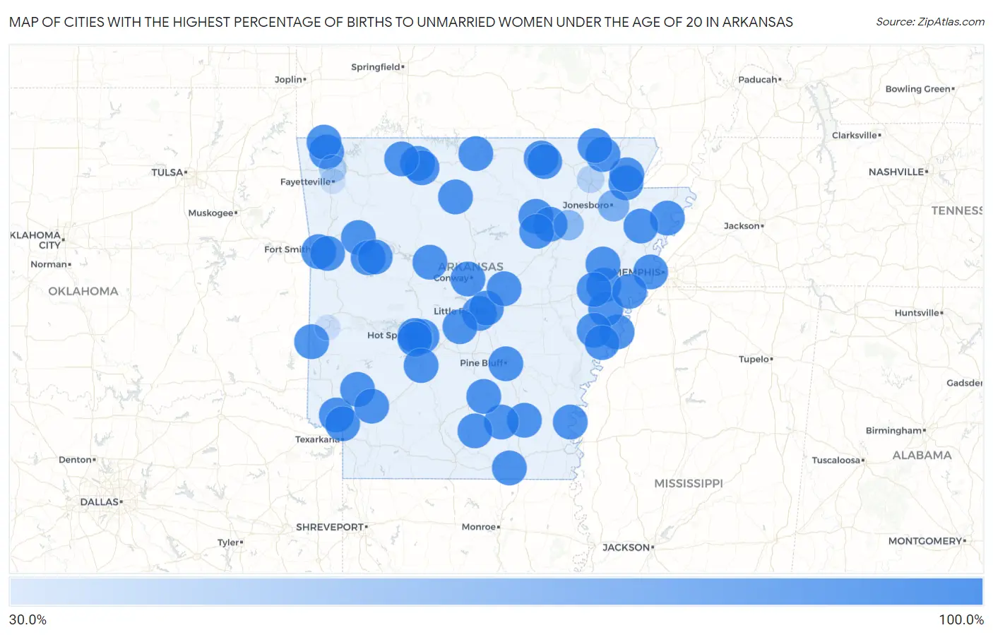 Cities with the Highest Percentage of Births to Unmarried Women under the Age of 20 in Arkansas Map