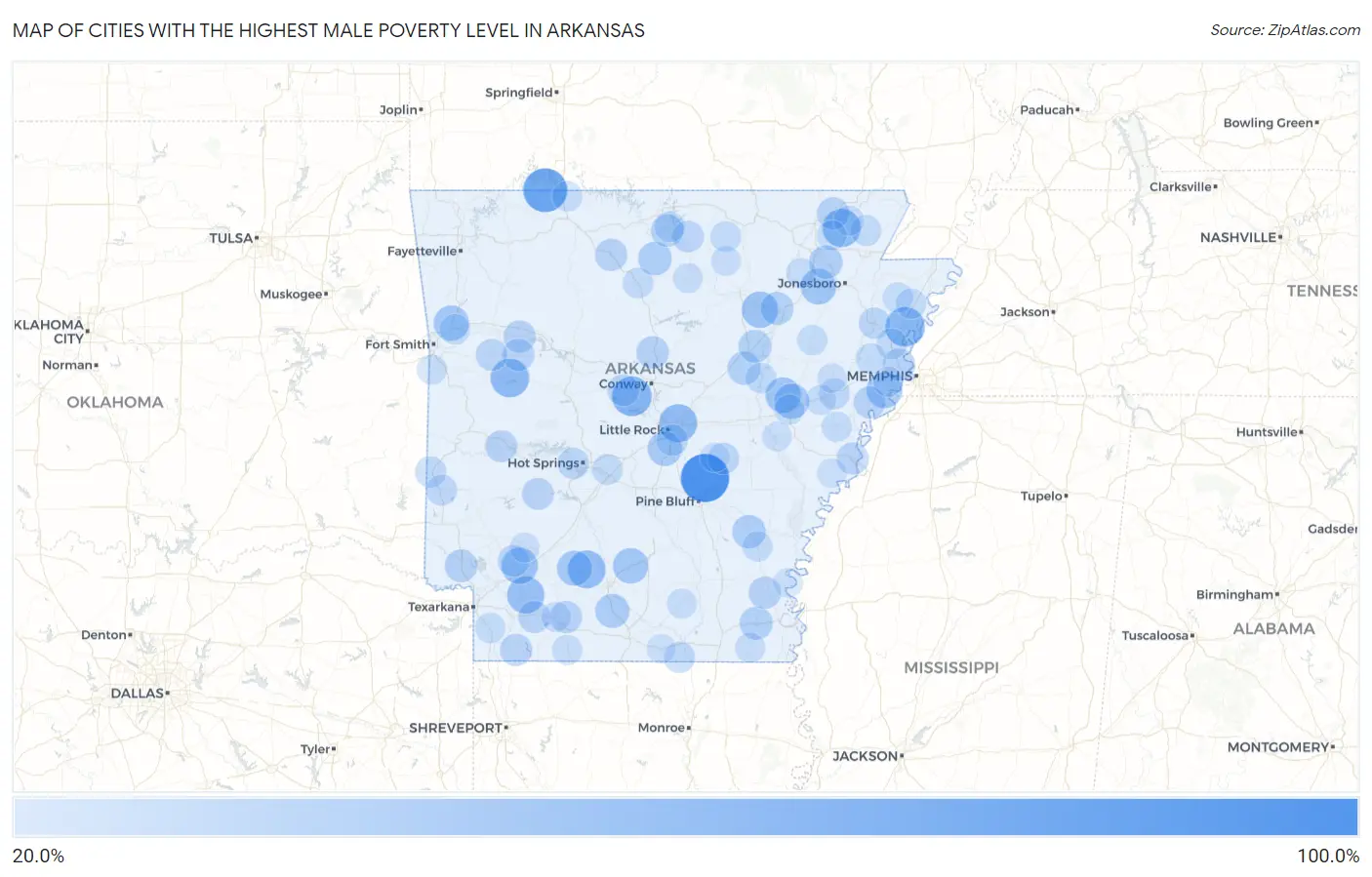 Cities with the Highest Male Poverty Level in Arkansas Map