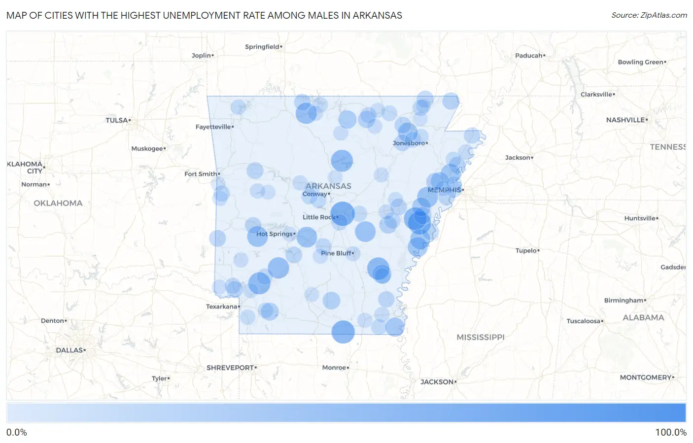 Cities with the Highest Unemployment Rate Among Males in Arkansas Map
