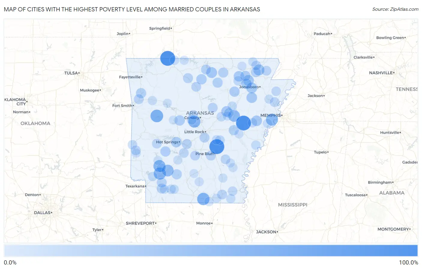 Cities with the Highest Poverty Level Among Married Couples in Arkansas Map