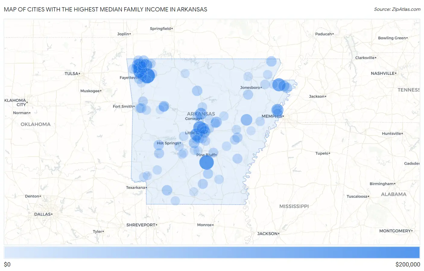 Cities with the Highest Median Family Income in Arkansas Map