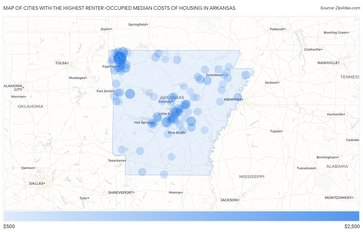 Cities with the Highest Renter-Occupied Median Costs of Housing in Arkansas Map