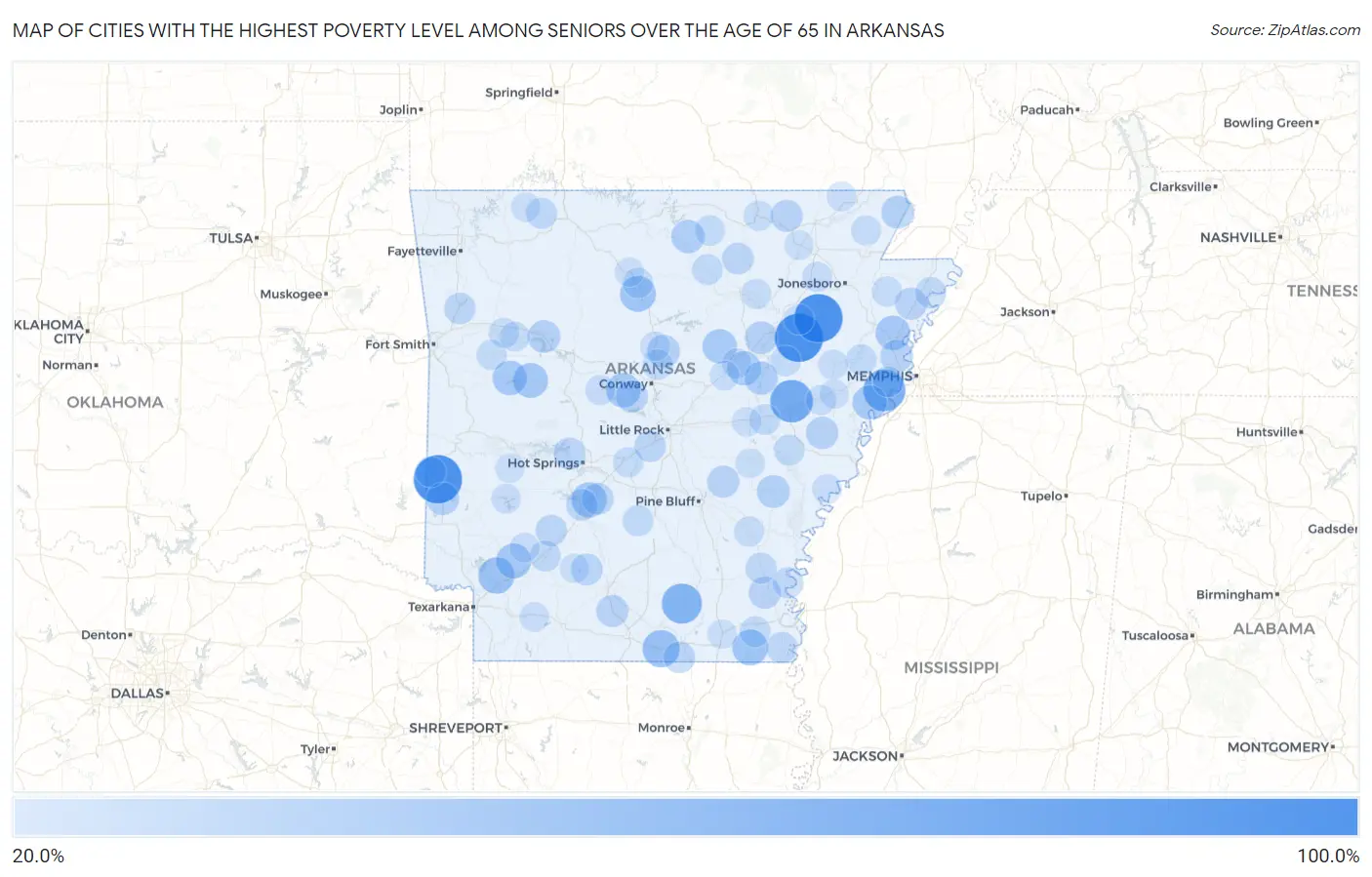 Cities with the Highest Poverty Level Among Seniors Over the Age of 65 in Arkansas Map