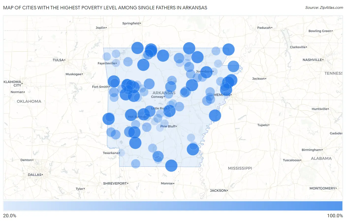 Cities with the Highest Poverty Level Among Single Fathers in Arkansas Map