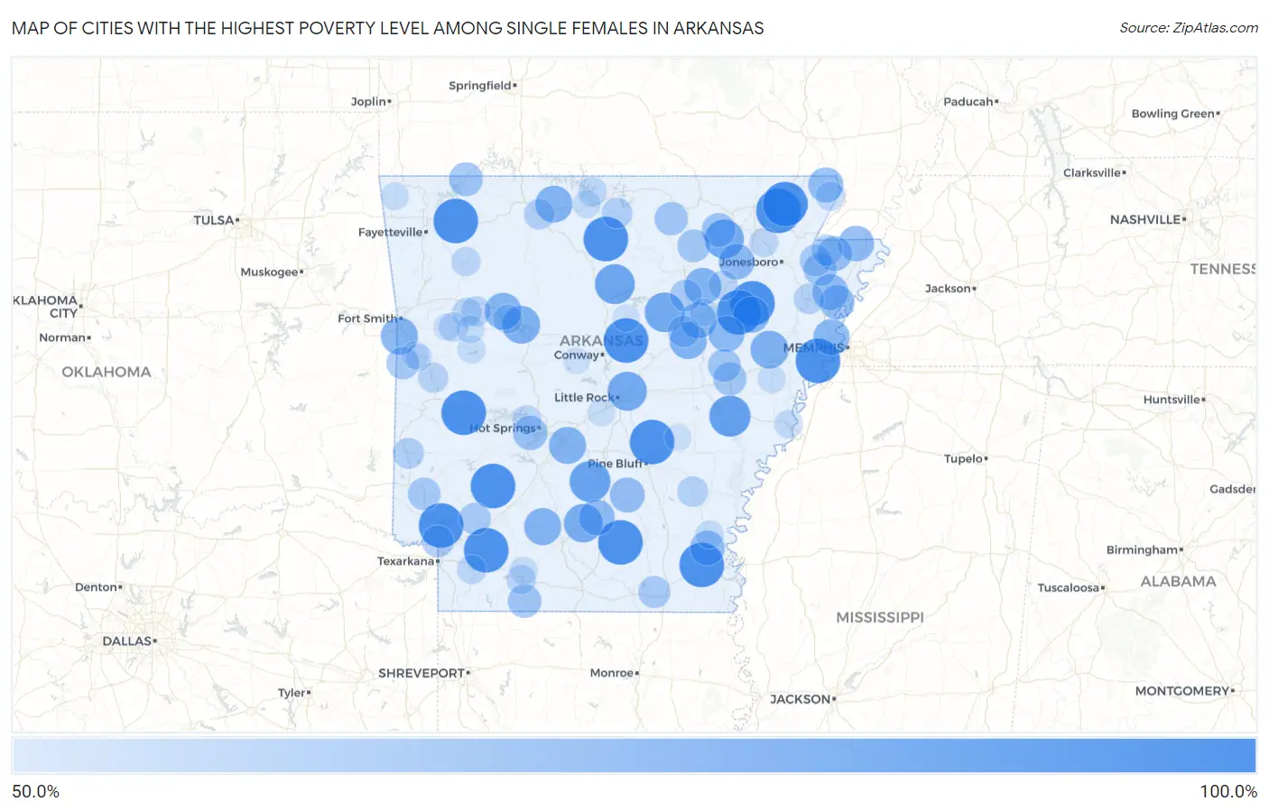 Cities with the Highest Poverty Level Among Single Females in Arkansas Map