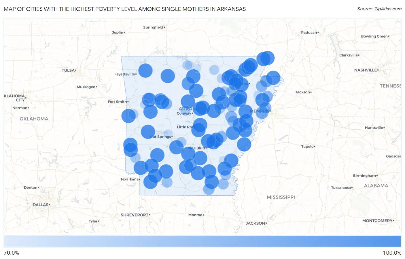 Cities with the Highest Poverty Level Among Single Mothers in Arkansas Map