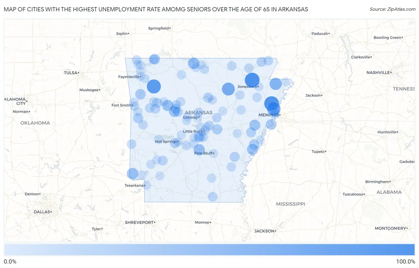 Cities with the Highest Unemployment Rate Amomg Seniors Over the Age of 65 in Arkansas Map