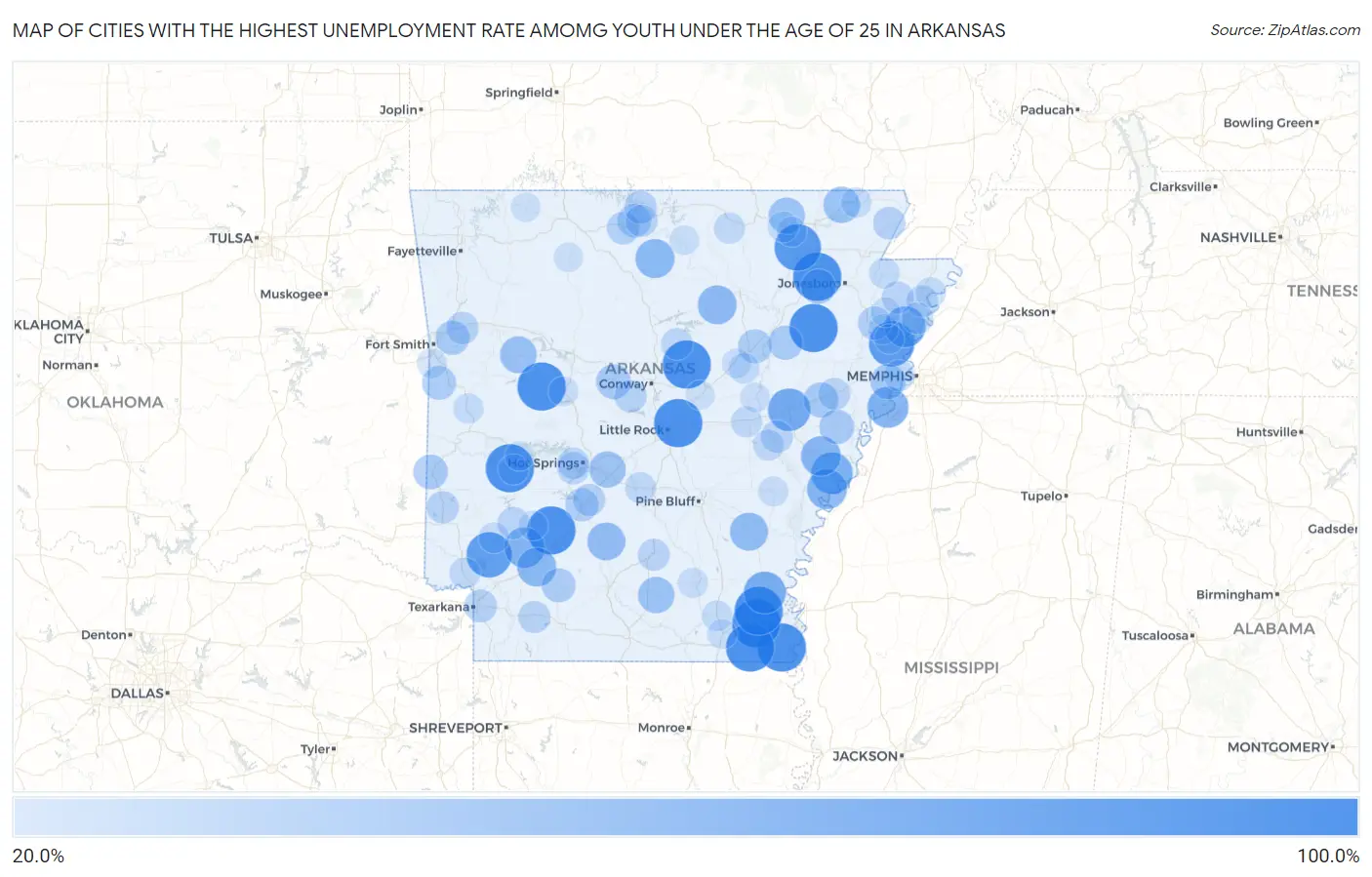Cities with the Highest Unemployment Rate Amomg Youth Under the Age of 25 in Arkansas Map