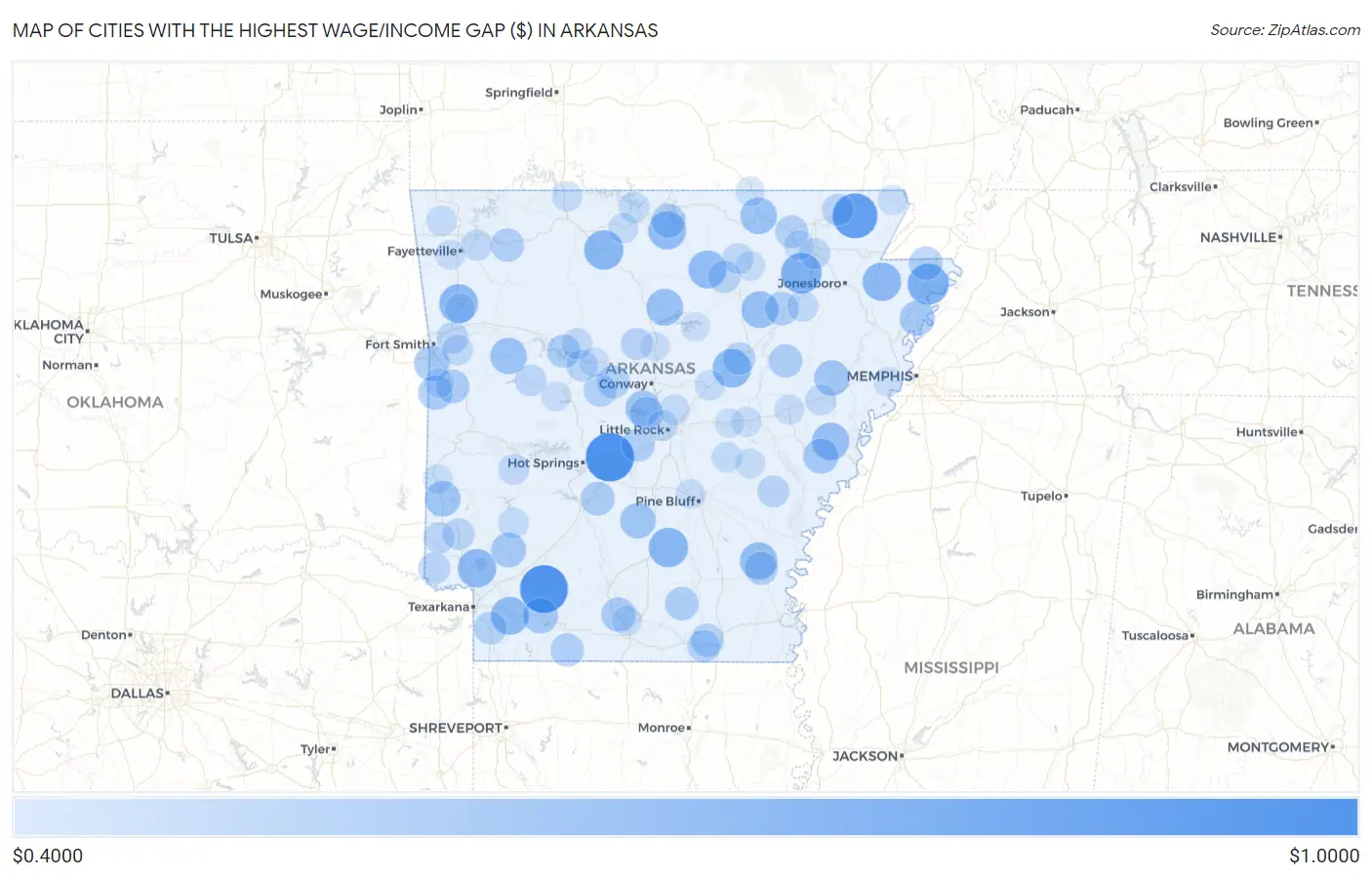 Cities with the Highest Wage/Income Gap ($) in Arkansas Map