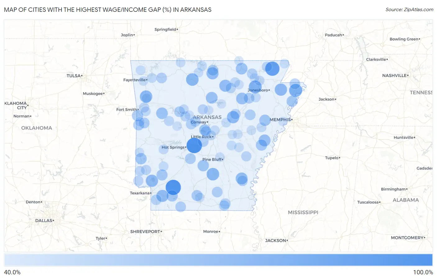 Cities with the Highest Wage/Income Gap (%) in Arkansas Map