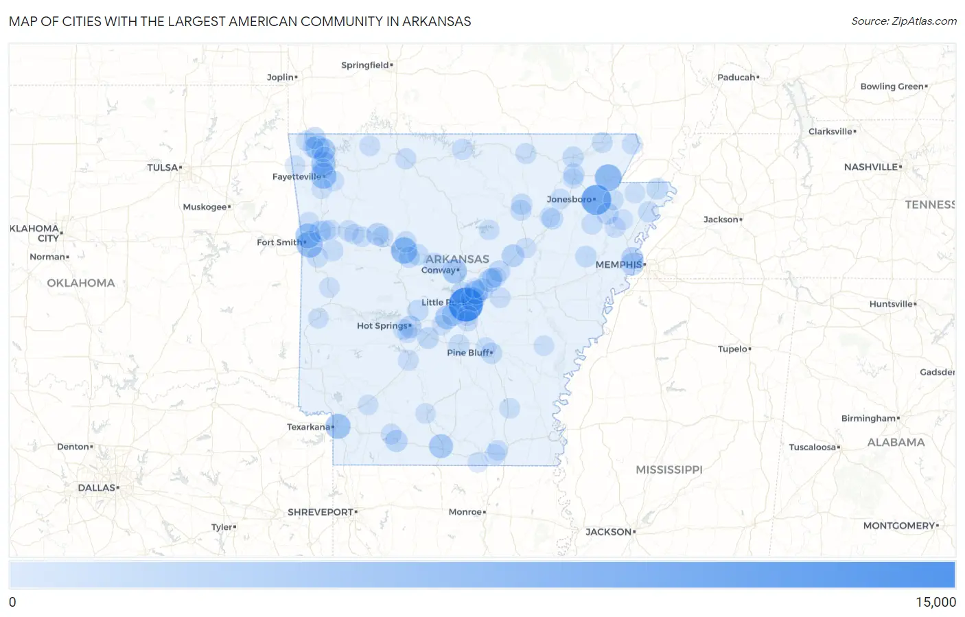 Cities with the Largest American Community in Arkansas Map