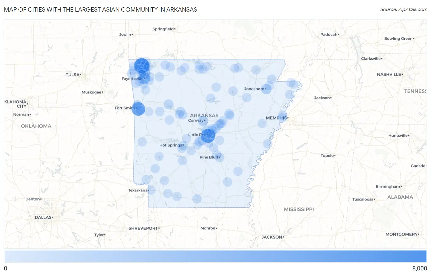 Cities with the Largest Asian Community in Arkansas Map
