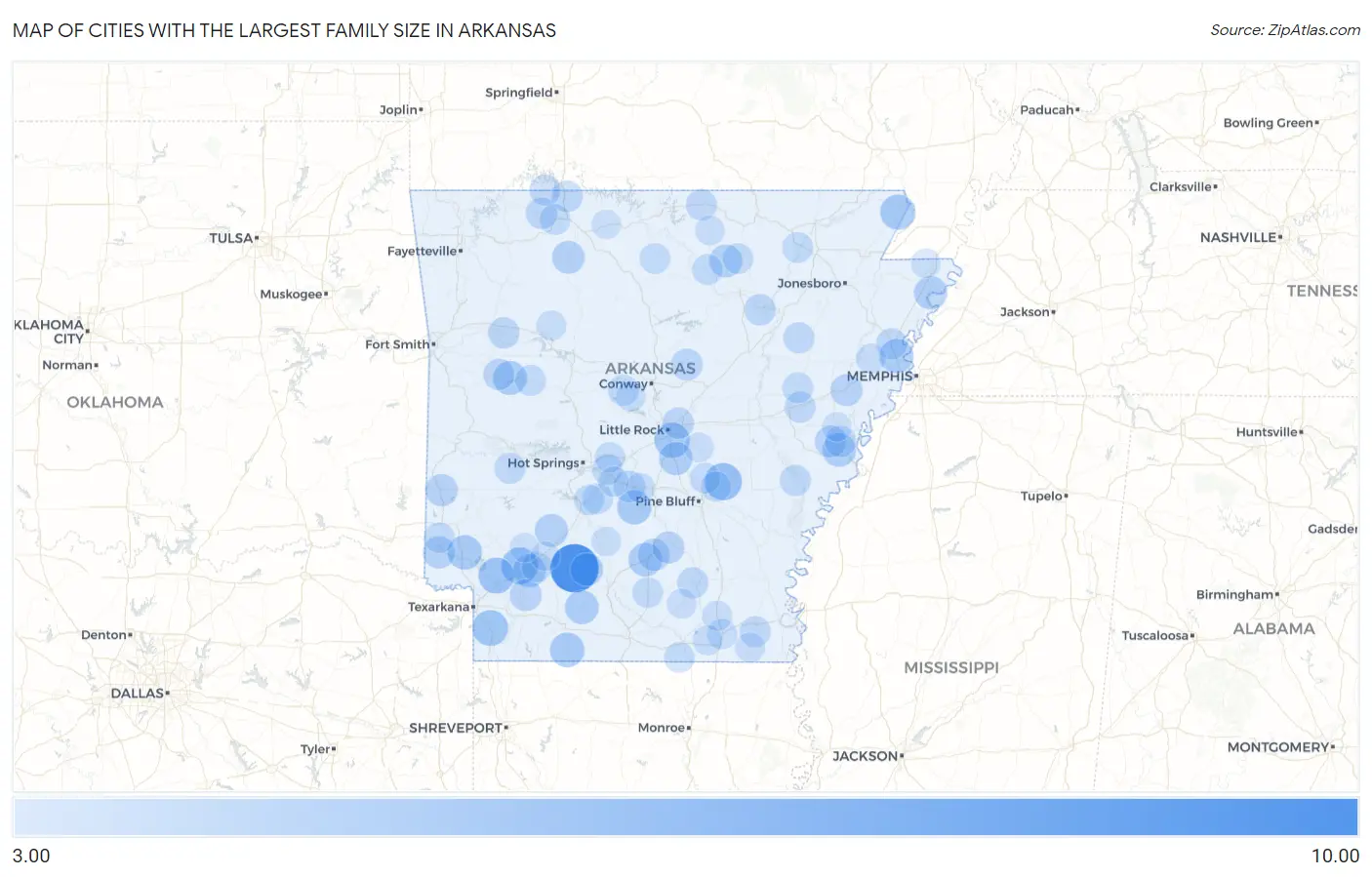 Cities with the Largest Family Size in Arkansas Map