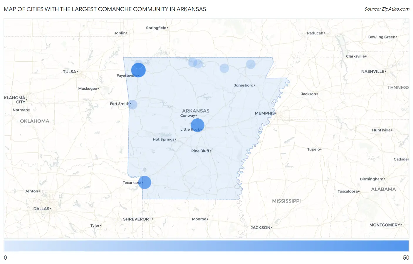 Cities with the Largest Comanche Community in Arkansas Map