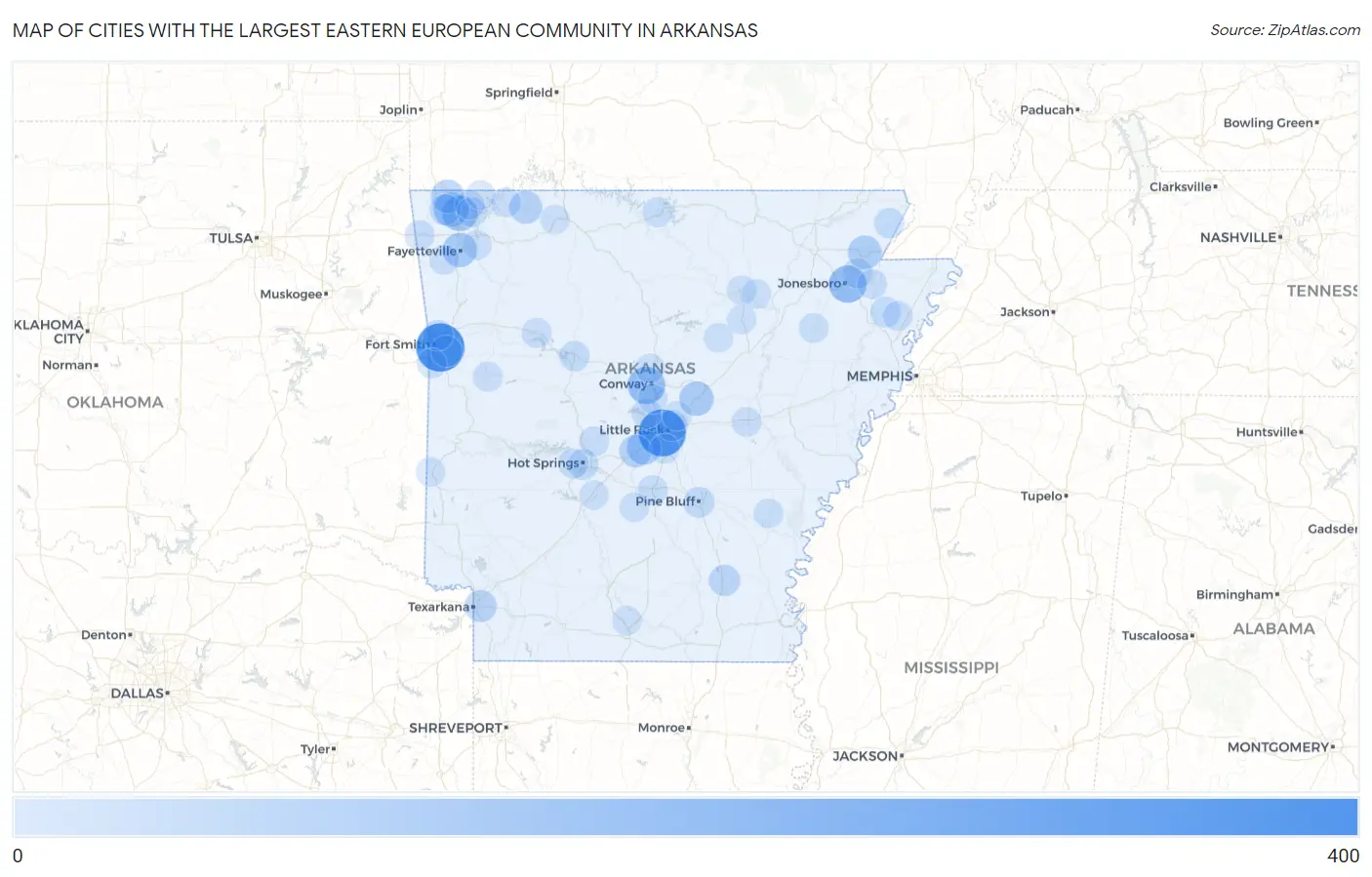 Cities with the Largest Eastern European Community in Arkansas Map
