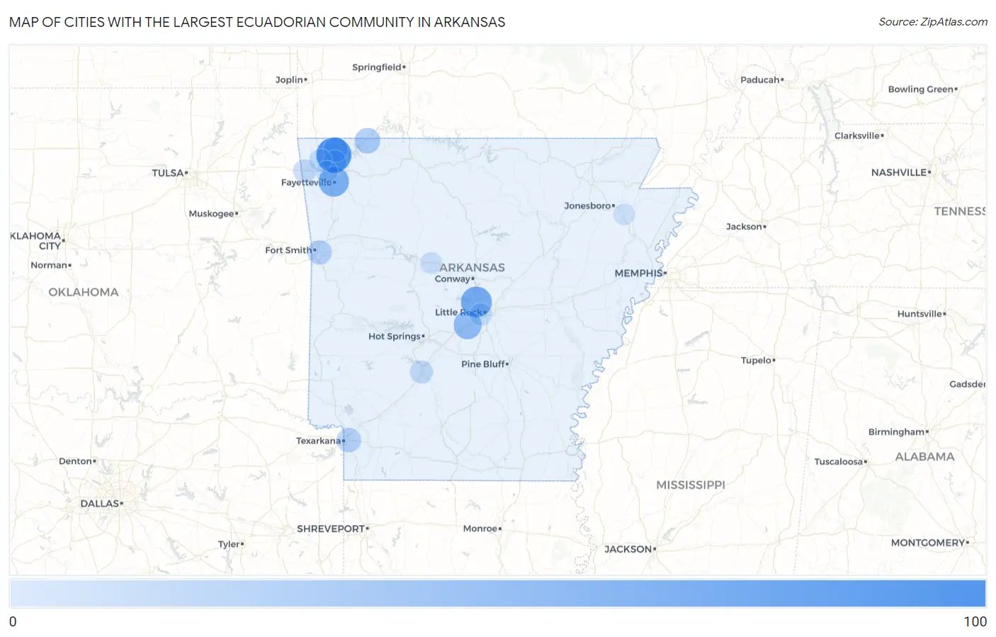 Cities with the Largest Ecuadorian Community in Arkansas Map