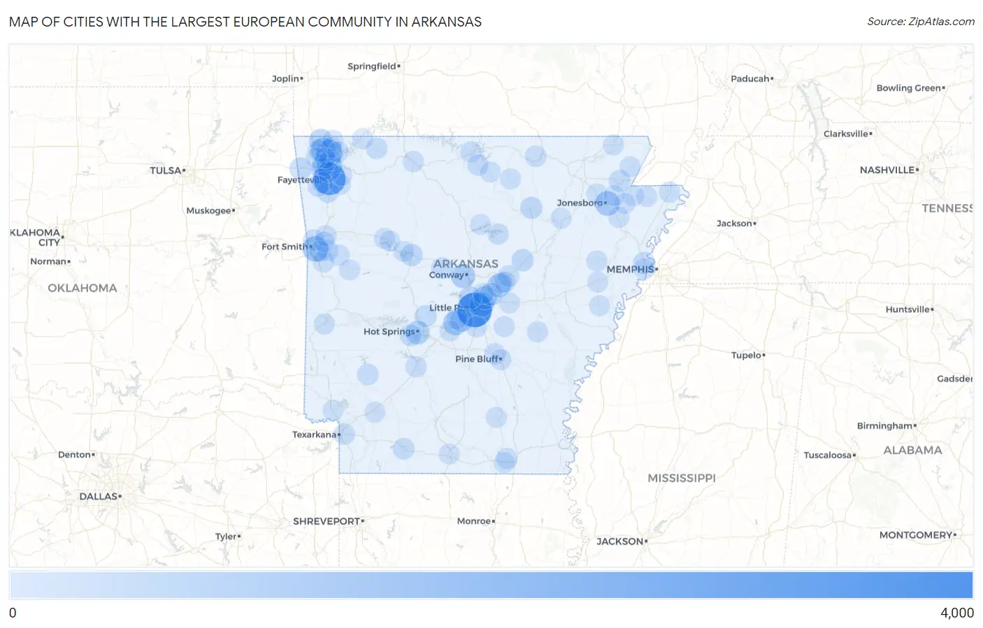 Cities with the Largest European Community in Arkansas Map