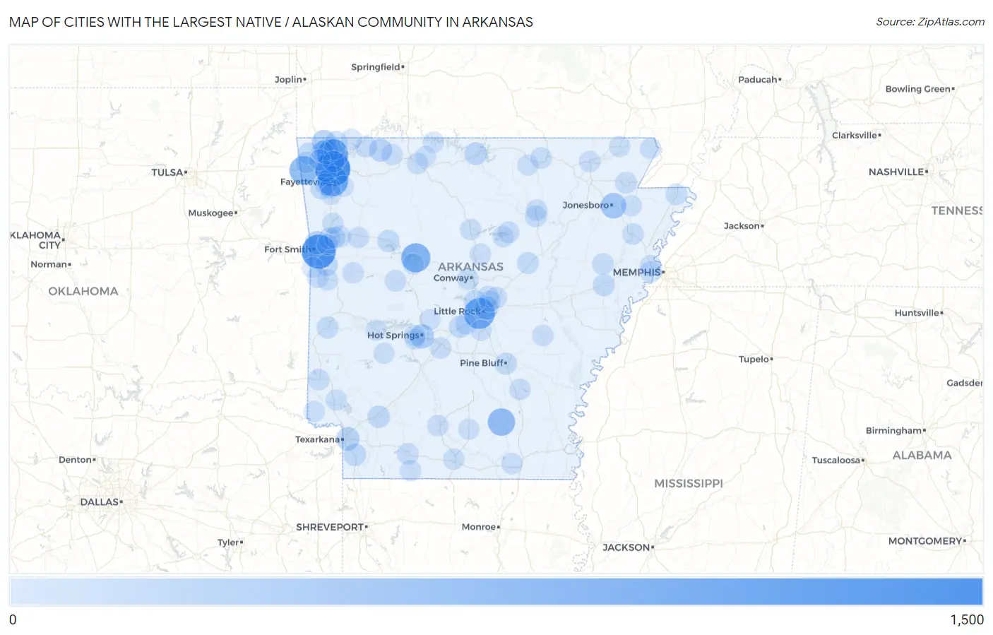 Cities with the Largest Native / Alaskan Community in Arkansas Map