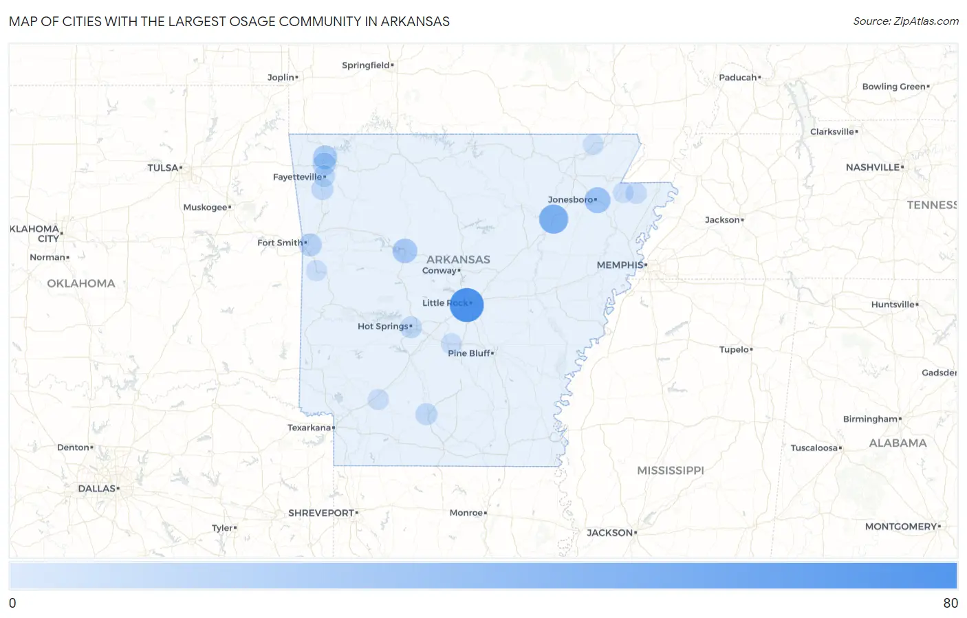 Cities with the Largest Osage Community in Arkansas Map