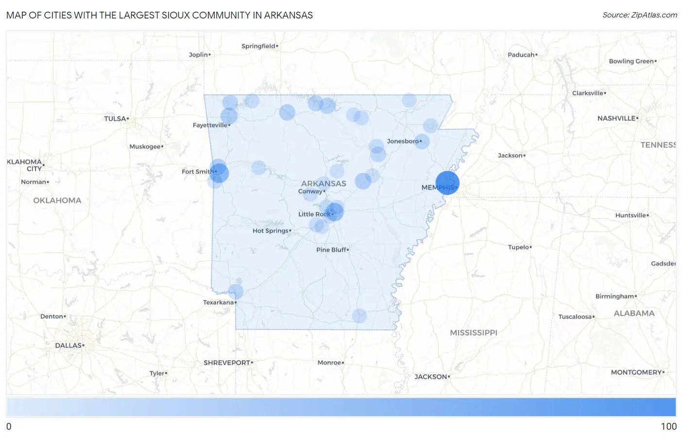 Cities with the Largest Sioux Community in Arkansas Map