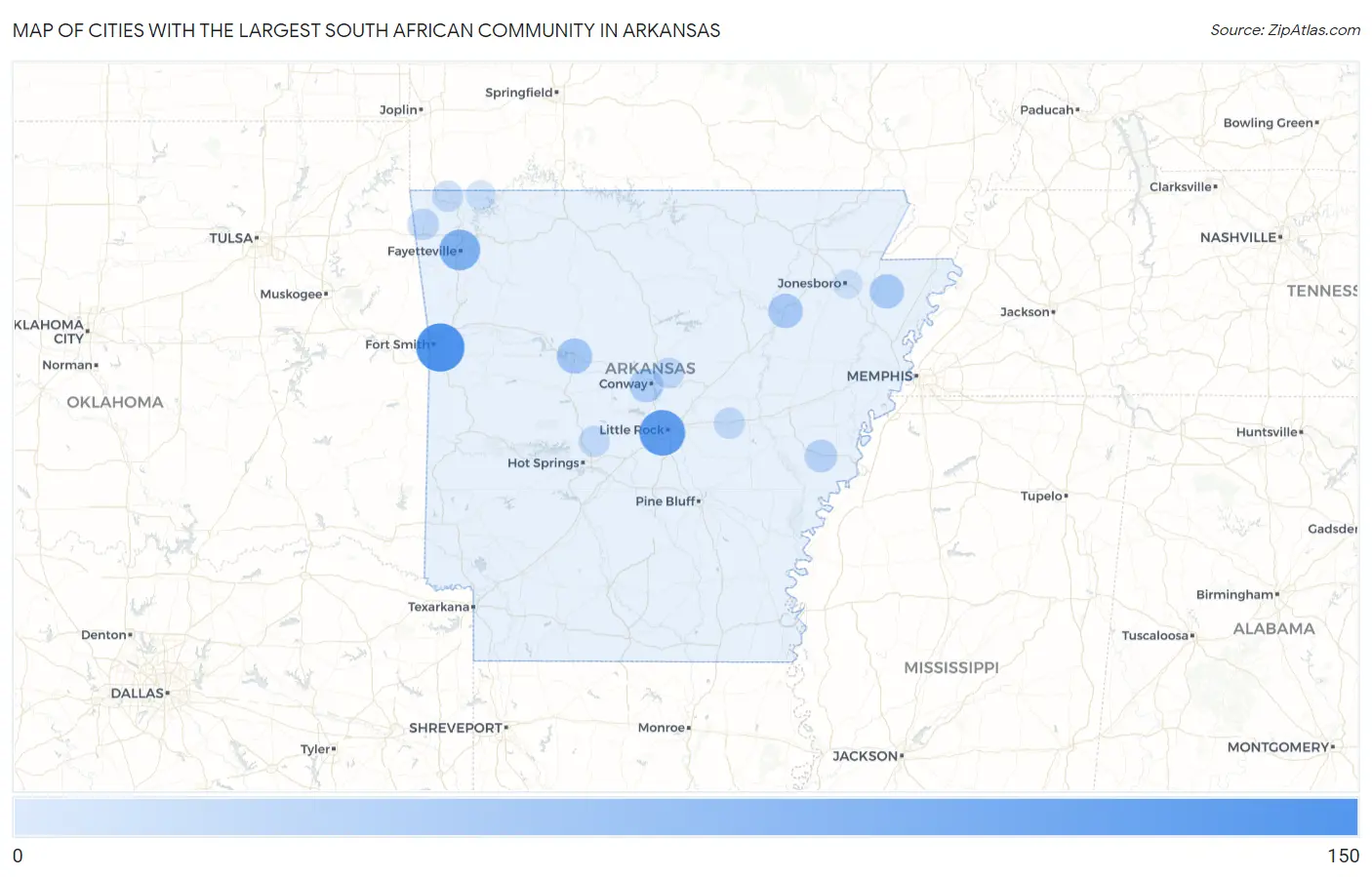 Cities with the Largest South African Community in Arkansas Map