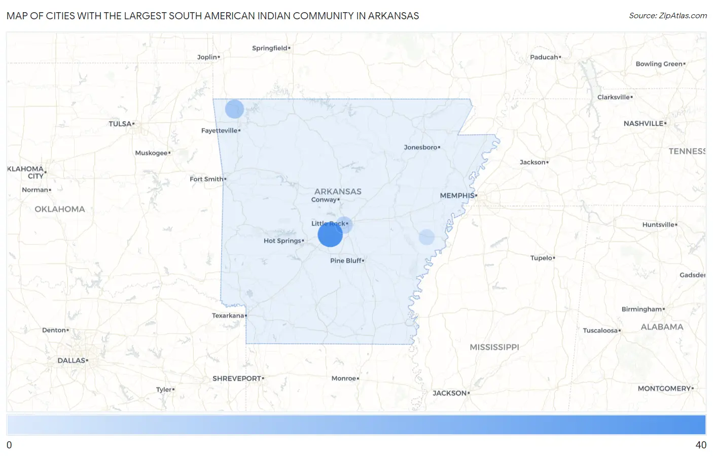 Cities with the Largest South American Indian Community in Arkansas Map