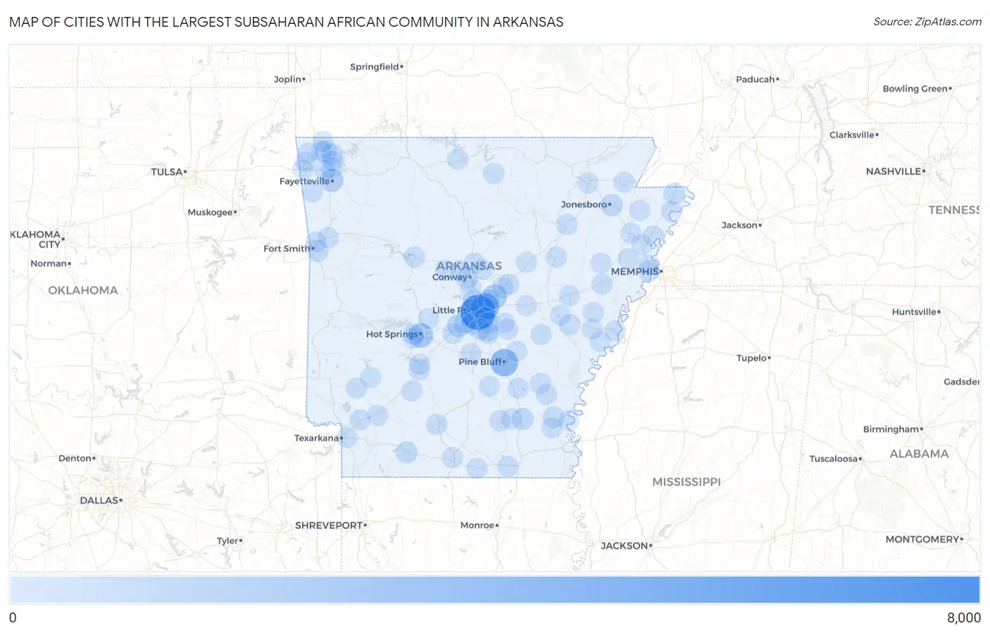 Cities with the Largest Subsaharan African Community in Arkansas Map